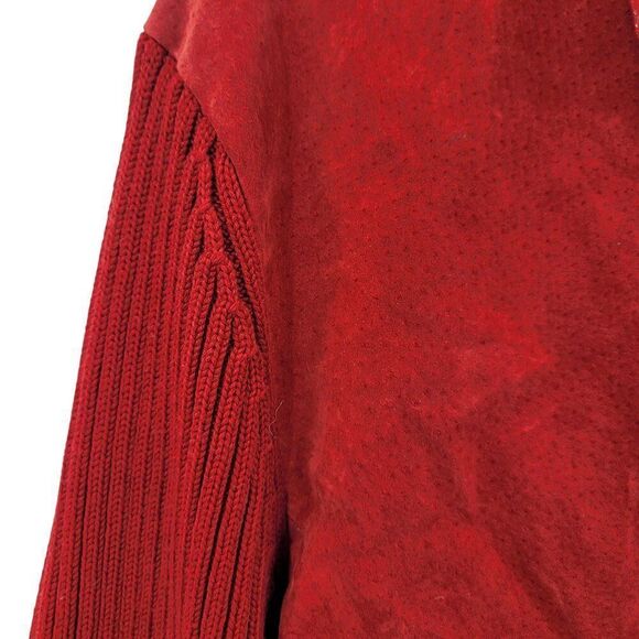 Vtg Red Ribbed Knit Long Sleeve Suede Sweater Jacket Shacket Sz L Cardigan Zip - Picture 5 of 11